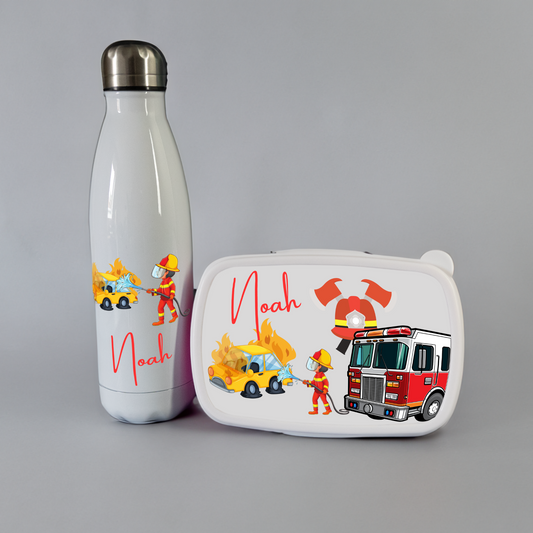 Personalisierte Trinkflasche und Brotdose mit Feuerwehr Motiv