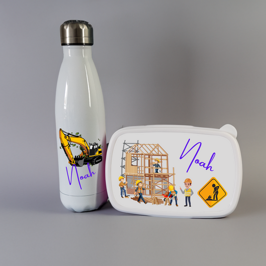 Personalisierte Trinkflasche und Brotdose mit Baustellen Motiv