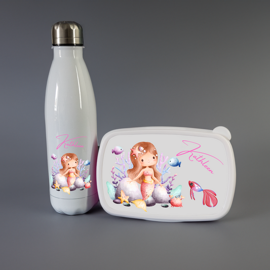 Personalisierte Trinkflasche und Brotdose mit Meerjungfrauen Motiv