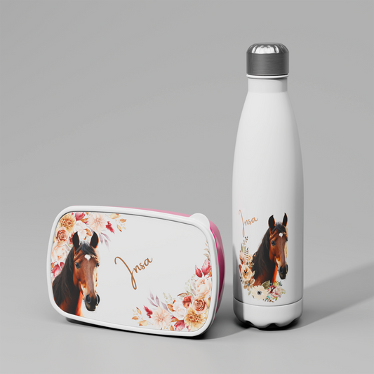 Personalisierte Trinkflasche und Brotdose mit Pferde Motiv